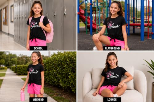 Image of PUMA Girls Athletic Shorts Set - 2 Piece Active Performance TShirt and Gym Bike Kids Shorts Girls Activewear Set (7-14)