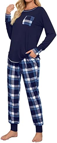Fuakesor Damen Schlafanzug Lang Baumwolle Pyjama Set Nachtwäsche | Zweiteiler Hausanzug mit Karierte Hose und Bündchen; bequeme Loungewear für Frauen und Seniorinnen, ideal für Zuh