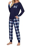 Fuakesor Damen Schlafanzug Lang Pyjama Set Herbst Winter Nachtwäsche Zweiteiliger Sleepwear Soft Loungewear Hausanzug mit Karierte Hose (Blau_01, Medium)