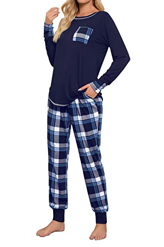 Fuakesor Damen Schlafanzug Lang Pyjama Set Herbst Winter Nachtwäsche Zweiteiliger Sleepwear Soft Loungewear Hausanzug mit Karierte Hose (Blau_01, Medium)