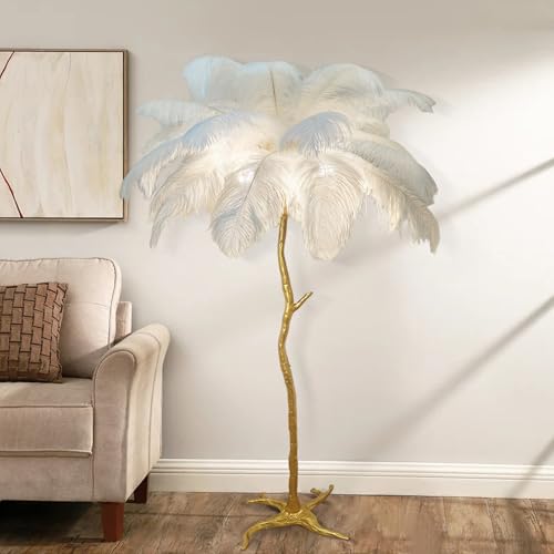KISFWIU Stehlampe, Straußenfederlampe mit 35 Federn, Goldener Lampenmast aus Harz, große Stehlampe, geeignet für Schlafzimmer und Wohnzimmer, 170 x 110 cm (White)
