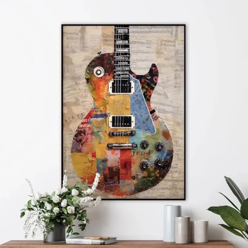 Tableau guitare triptyque 60x110 cm avec cadre pour salon
