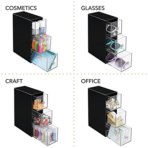 Mdesign Plastic Kitchen Pantry Stackable Storage Organizer Container Station With 3 Drawers For Cabinet, Countertop, Holds Coffee, Tea, Sugar Packets, Creamers - Lumiere Collection - Black/Clear #TOP3