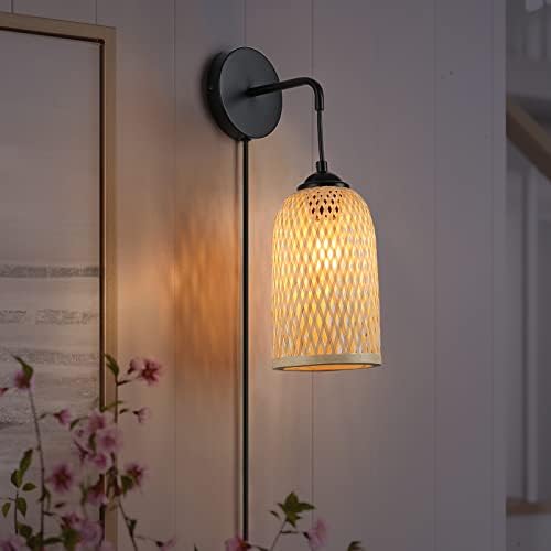 Mid-Century Plug in Wall Sconce Natural Bamboo Wicker Column Lampshade No-Hardwired Wall Mounted Fixture Light with On/Off Switch Cord Small Fixture Lamps for Rooms