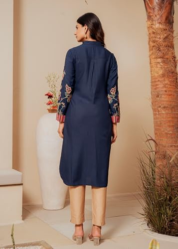 Image of Juniper Midnight Blue Floral Printed Viscose Kurta with Button Detailing
