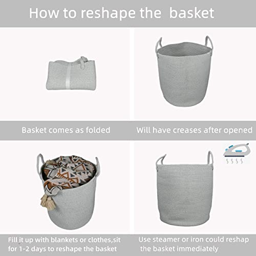 Image of XUANGUO Cotton Rope Laundry Basket Hamper for Clothes Large Light Grey | Baby Nursery Hamper Bin and Woven Storage Basket for Living Room Bedroom Boho Tall Rope Baskets Blankets Toys Pillows Towels