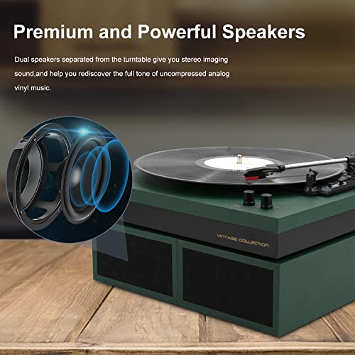Image of LP&No.1 Bluetooth Record Player with Stereo Bookshelf Speakers, Vintage 3-Speed Belt Drive Turntable, Wireless Input, RCA Output, Auto Stop Function | Dark Green
