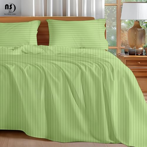 4 Piece Full Size Cotton Sheet Set Sage Stripe 10-18" Deep Pocket