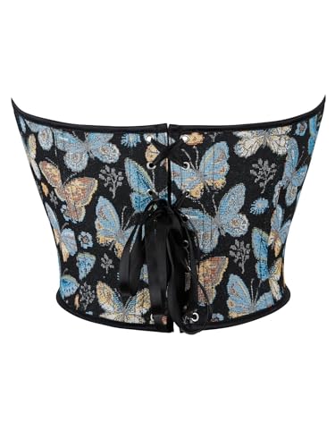 Blue Butterfly Pattern Corset Top for Women Floral Bustier Lace Up Boned Overbust Lingerie Bodyshaper3
