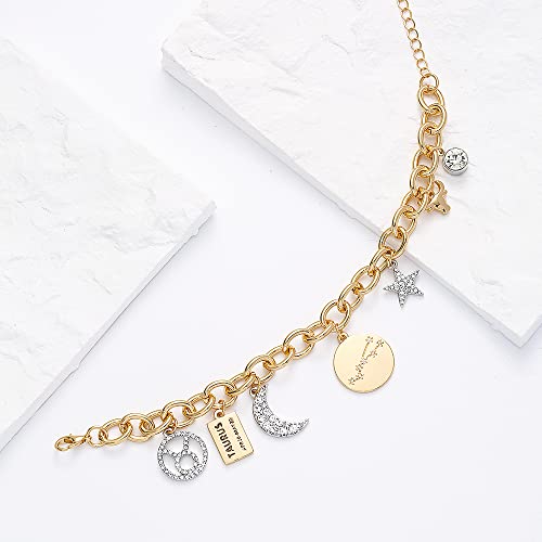 Madison Tyler Personalization Collection Gold Plated And Sliver Two-Tone Taurus Zodiac Constellation Symbol, Name Plate, Moon, Constellation, Star, And Stone Charm Chain Bracelet For Women Gifts #TOP5
