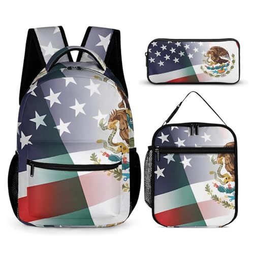 Flag of Mexico And U.S. 3 PCS Backpack Set Casual Daypack with Insulated Lunch Bag & Pencil Case