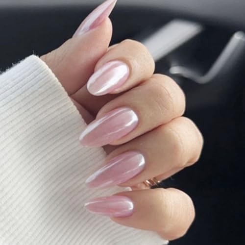 Pink Chrome Press on Nails Medium Almond Fake Nails Glossy Acrylic...