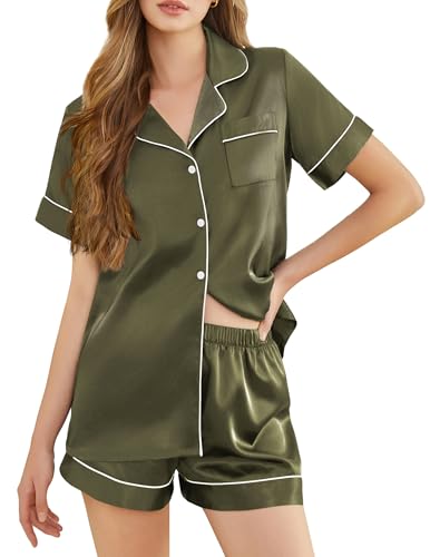 SHEFOTY Silk Pajamas for Women Short Sleeve Sleepwear Soft Button Down Loungewear 2 Piece Satin Pjs Shorts Set S-XXL Army Green