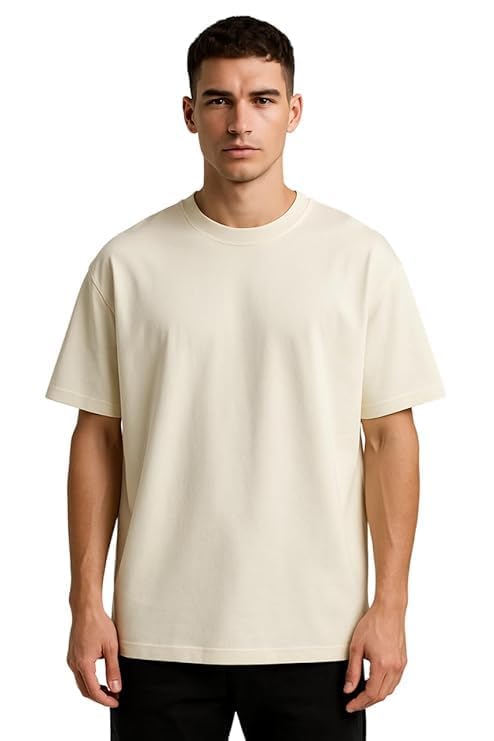 Image of VEL Plain Oversized 100% Pure Heavy Cotton Baggy Fit Drop Shoulder Half Sleeves Round Neck Solid Cotton T-Shirt for Men