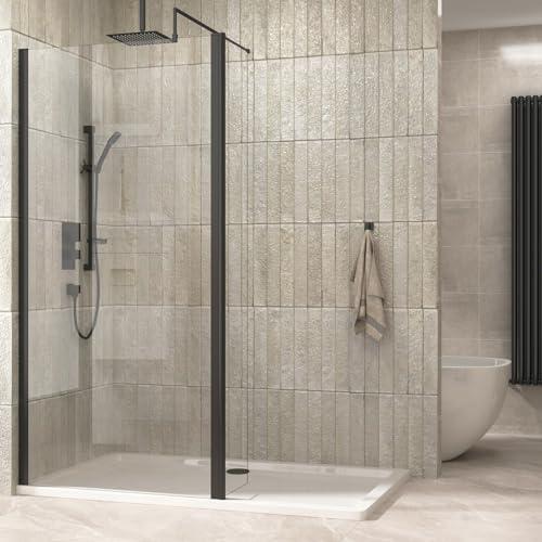Matt Black 700mm Wet Room Walk in Shower Screen with 300mm Flipper Panel + 8mm Clear Easy Clean Safety Tempered Glass Panel & Black Stainless Steel Support Bars Shower Enclosure Cubicle 1850mm Height