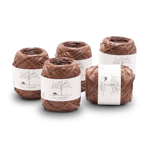 Hamanaka Eco Andaria 5-Ball Set – 100% Rayon Tape Yarn for Crochet and Knitting, Biodegradable, Lightweight for Summer Hats, Bags, and DIY Crafts (Deep Brown)