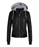 Moviendress Damen Jacken Winddicht warm Classic Mantel Faux Leder Kapuze Zip Up Outwear (40, Schwarz)