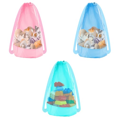 BOXOB 3pcs Beach Toy Bags, Large Capacity Mesh Sand Toy Bags Drawstring Closure Practical Seashell Collecting Storage Backpack for Holding Towels Beach Essentials