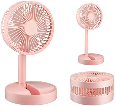 Portable Fan w/USB Rechargeable Battery - Mini Quiet Foldable/Foldaway Travel Fan - Adjustable Height Pedestal Fan for Bedroom - Small Fans for Rooms - 180° Tilt & 3 Speed Settings - PINK