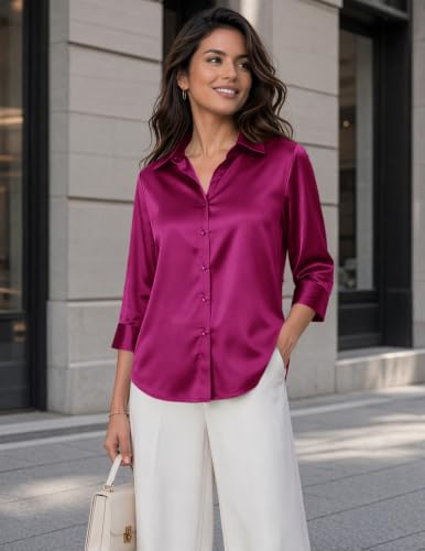 Image of Zeagoo Womens Satin Blouses Button Down Shirts 3 /4 Sleeve Dressy Tops S-2XL