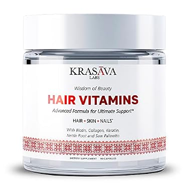 AMAZON - KRASAVA Hair Growth Vitamins with Biotin, Collagen, Keratin, Nettle Root and Saw Palmetto Supports Healthy Hair, Stimulates Hair Follicles, and Prevents Hair Loss & Thinning. Made in USA – 90 Count