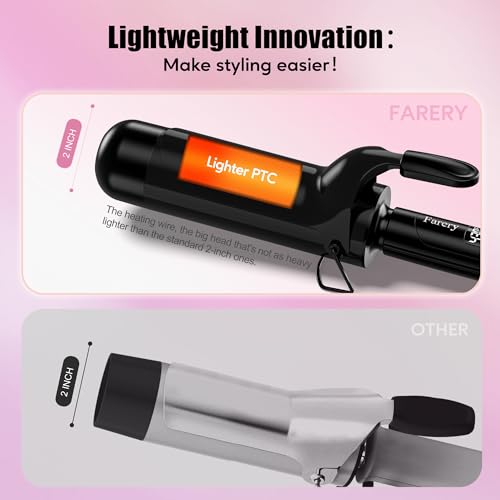 Farery 2 inch Curling Iron For Long Hair, Lightweight Large Barrel Curling Iron 2 Inch, Ceramic Curling Wand Infused Argan Oil & Keratin for Bouncy Big Curls, 9 Temps Digital Display & Lock Key, Glove