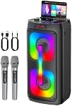 Machine à karaoké pour adultes, Haut-parleur Bluetooth portable avec 2 Microphones sans fil, portatifs PA Système avec lumières disco pour grande fête, extérieur, Cadeaux idéaux pour la famille, Musique