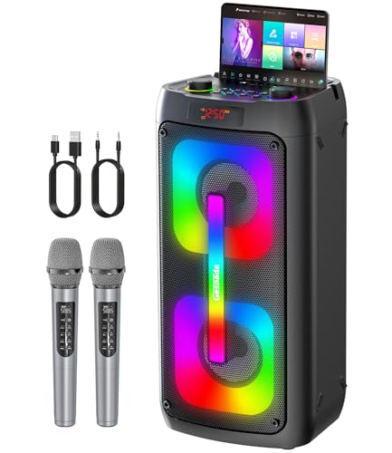Karaoke Machine for Adults with 2 Wireless Microphones, Portable Bluetooth Speaker PA System with Dicso Lights for Big Pary, Stage Subwoofers, Outdoor, for Family, Music Lover