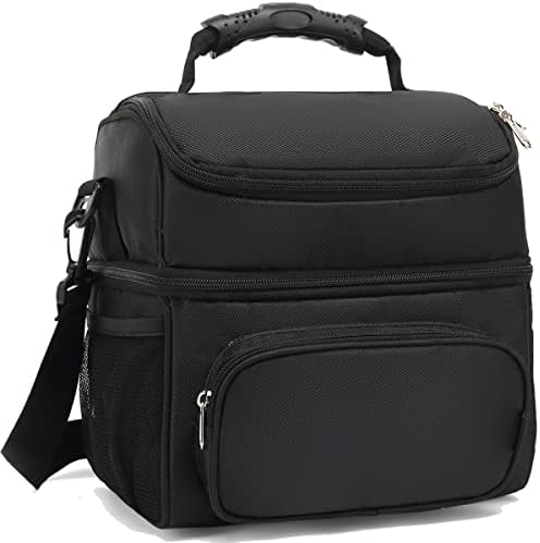 FlowFly Double Layer Cooler Insulated Lunch Bag Adult Lunch Box Large Tote Bag for Men, Women, With Adjustable Strap,Front Pocket and Dual Large Mesh Side Pockets,Black