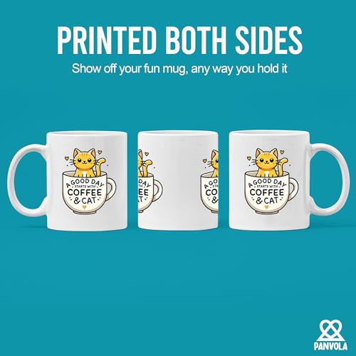Taza de cerámica blanca Panvola con diseño de gato 11 oz miniatura 3