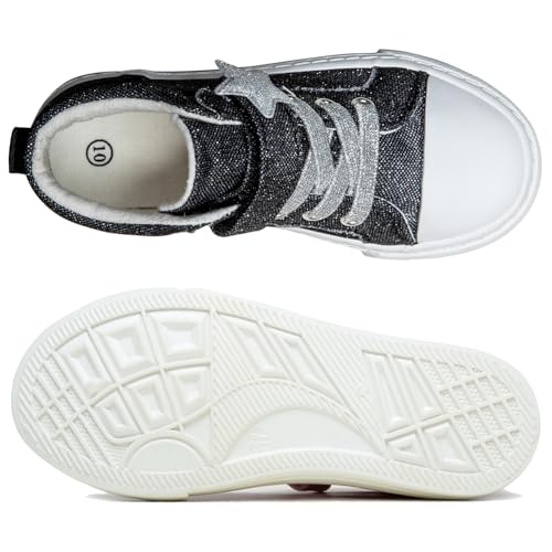 Hugrain HCANSTR24BLK13 Toddler Girls Boys Sneakers Walking Shoes For Little Kids Sparkle Glitter Star Canvas Casual Slip On High Top Adjustable Hook Loop Straps Velcro Non-Slip Lightweight Elastic Band Black Size 13 thumb #4