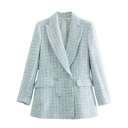 Womens Casual Tweed Blazer Pockets Long Sleeve Double Breasted Open
