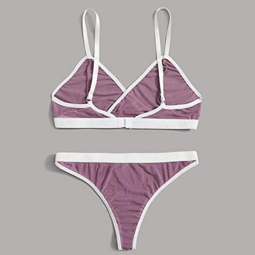 Atezch_ Women Plus Size Lace Lingerie Bra+Thong Underwear Set Strap Sleepwear Halter Swimwear 2 Piece Babydoll (Purple, L) #TOP3