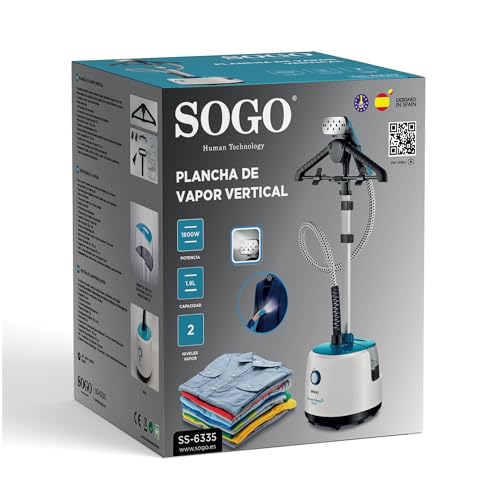 SOGO Plancha Vertical Vapor para Ropa con Perchero y Estante Telescópico 1900W y Capacidad de 1,9L – Plancha Ropa, Cortinas, Telas para Eliminar Arrugas - Plancha Vapor con Cepillo, Percha y Guante