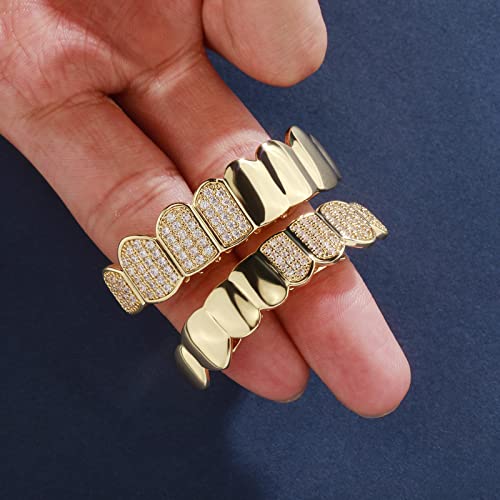 JINAO Hip Hop Half Diamond Top Bottom Grills for Your Teeth 14K Gold Plated Face Iced Out Cubic Zirconia Mouth Grillz for Men Women Fake Teeth Grill with Extra Molding Bars(Gold)