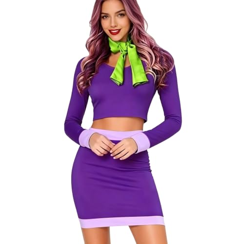 Image of Gliswaieuznd Halloween Daphne Cutout Long Sleeve Bodycon Mini Dress Cosplay Party Outfit (Purple-2, XL)