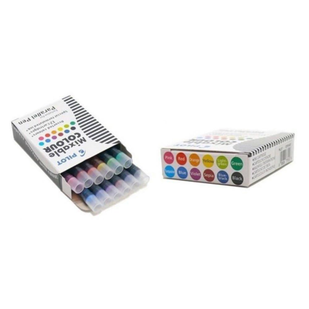 Pilot Parallel Pen 4er-Set Stifte: 1,5 mm + 2,4 mm + 3,8 mm + 6,0 mm + 12 Tintenpatronen, + 6 schwarze Patronen + 1 Lineal/Lesezeichen aus Holz