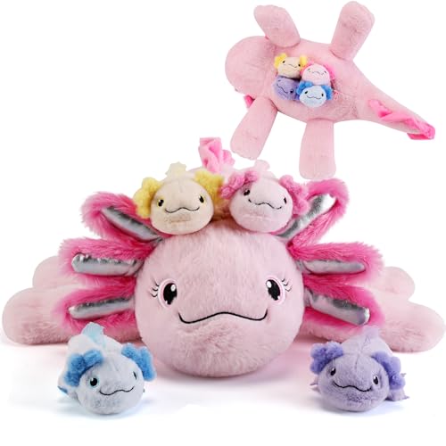 Image of 5 Pieces Axolotl Stuffed Animals with Babies Inside Belly - 1 Mommy Stuffed Axolotl with 4 Babies - Pink Axolotls Plush Toy for Kid Age 3-8, Gift Ideal for Christmas, Valentine's, Birthday