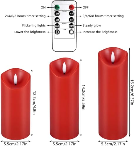 Image of YOROXRG 24 Pack Christmas Decoration Flickering Flameless Candles,LED Candles Battery Operated Pillar Candles with Remote Control.for New Year, Home Decor, Parties,Wedding(D2.2 xH 5 inch 6 inch 7 inch Red)