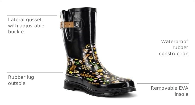 Image of Western Chief Women's Waterproof Mid Rain Boots | Ladies pull on mid rain boots with adjustable buckle, cushioned insole, and rubber outsole for wet weather and outdoor wear.