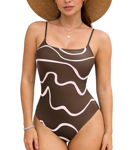 RIHOAS Women's Square Neck One Piece Swimsuit: Modest Slimming Italian Fabrics 4N6S Stitch, Wave Print Full Coverage Coffee