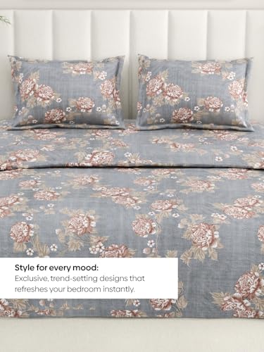 Image of Rivermoor 200 TC Ultrasoft Bedsheet for Double Bed | Queen Size Bed Sheet with 2 Pillow Covers | Grey Floral Print | 88 x 96 Inches | Breathable & Hypoallergenic