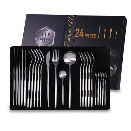 Image of Platinum Silver Silverware Set | 24-Piece Satin Finish French Style Stainless Steel Flatware | Elegant Giftable Box | Dishwasher Safe Cutlery for Home, Restaurants & Corporate Gifting