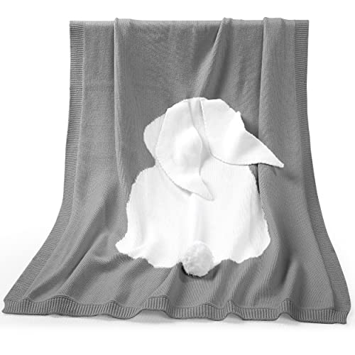 Yoofoss Baby Blankets - 100% Cotton Knit Receiving Blanket 30" X 40", 3D Bunny Blanket For Easter Gift, Breathable Cozy Unisex Swaddle Blanket For Newborns, Infants, Toddler, Boys And Girls, Grey #TOP5