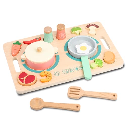 Kitchen Play Set Holz Küchenspielzeug Set Kinderküche Zubehör, Spielküche Zubehör, Küchenzubehör Kinder Spielzeug Lebensmittel mit Topfset und Kochgeschirr Lernspiele Kinderspielzeug Geschenk