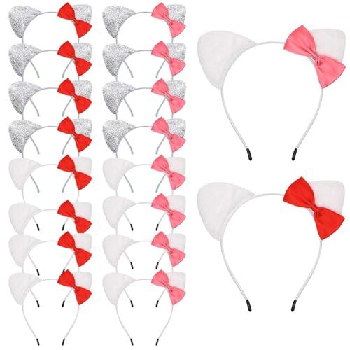 16PCS Pink Cat Ears Headbands Set Glitter Cat Ears Hairbands with Bows Cute Animal Themed Birthday Party Favors and Decorations for Kawaii Dress Up Play