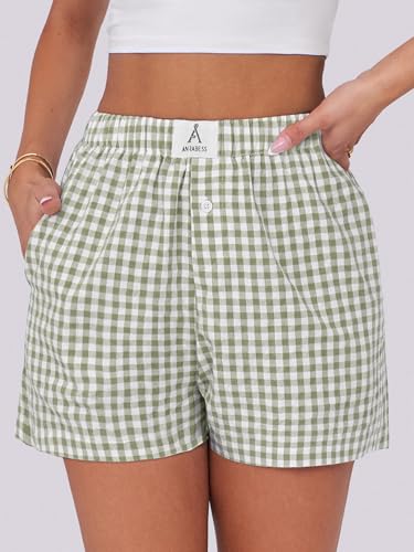 ANRABESS Shorts femininos casuais de verão xadrez shorts de pijama macio elástico guingão lounge cue