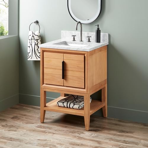 Signature Hardware 955226-24-rumb-3 Aliso 24" Console Teak Single Basin Vanity Set with Cabinet, Vanity Top, and Rectangular Undermount Sink - 8" Faucet Holes - Natural Teak/Carrara