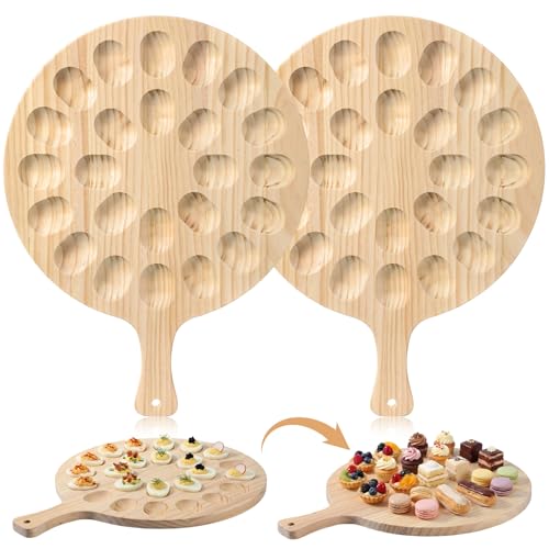 Image of Wenqik 2 Pcs Deviled Egg Tray 24 Hole Deviled Egg Platter Wood Plate Round Charcuterie Board Serving Tray Holder for Holiday Entertaining Graduation Party Thanksgiving Appreciation Kitchen Countertops