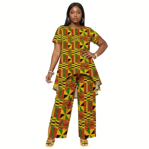MHJHBBE African Print 2PC Set Short Sleeve Top with Wide Leg Pants Traditional Kente Pattern Plus Size Lounge sets for Women